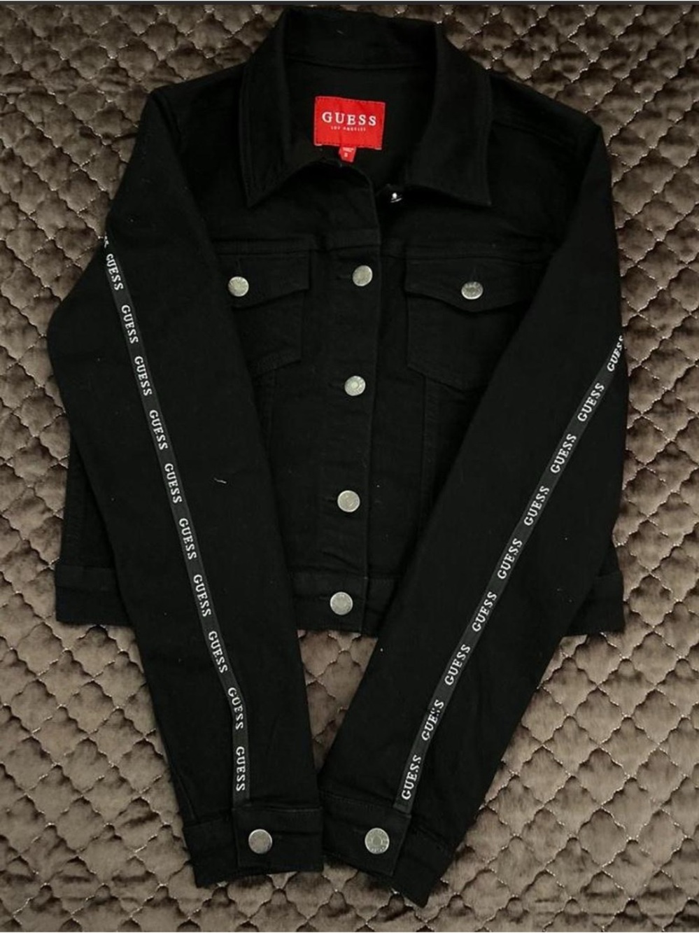 GUESS Black Denim Jacket with Branded Sleeve Tape